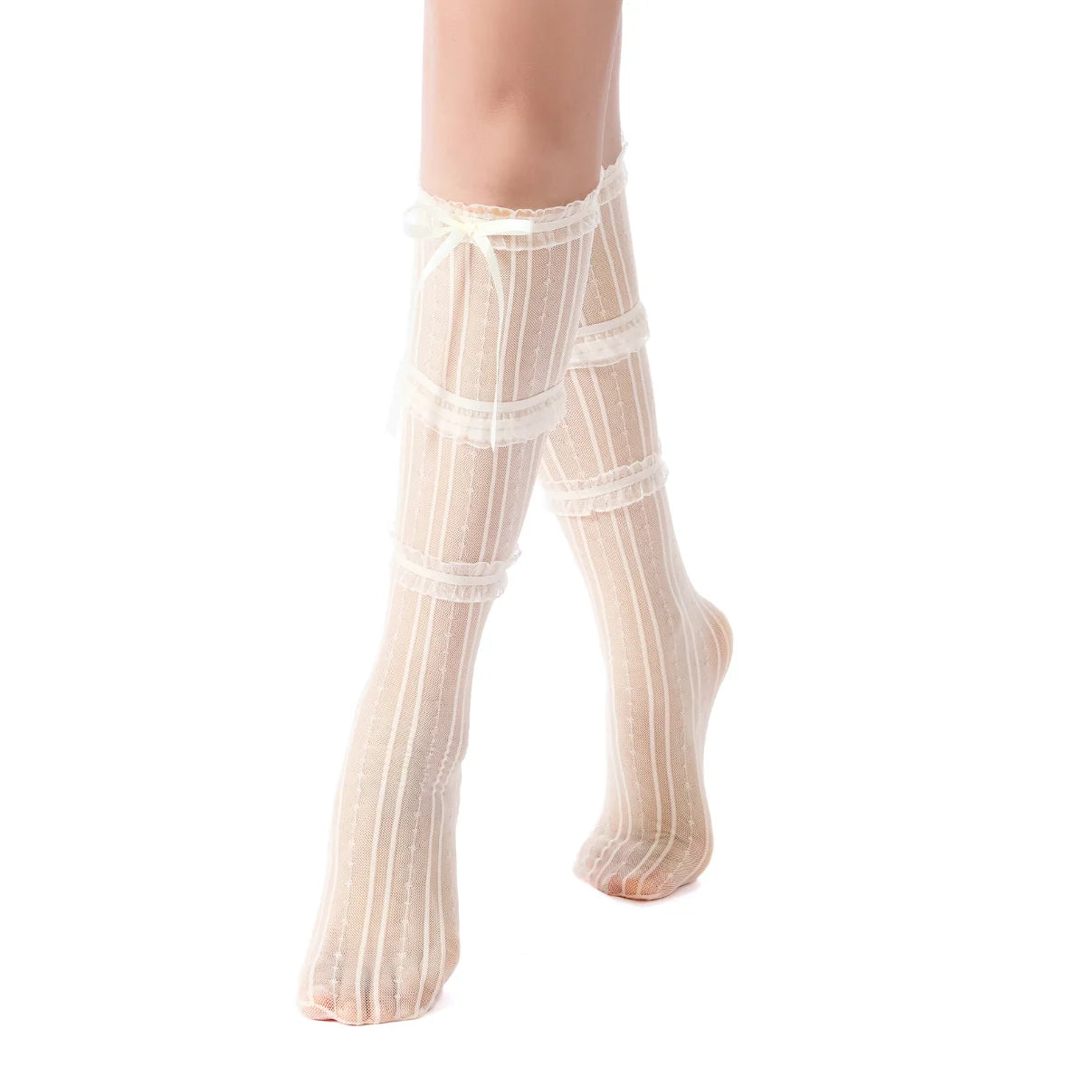 Chloe Layered Lace Knee-High Ribbon Sheer Sock | Beige Main image