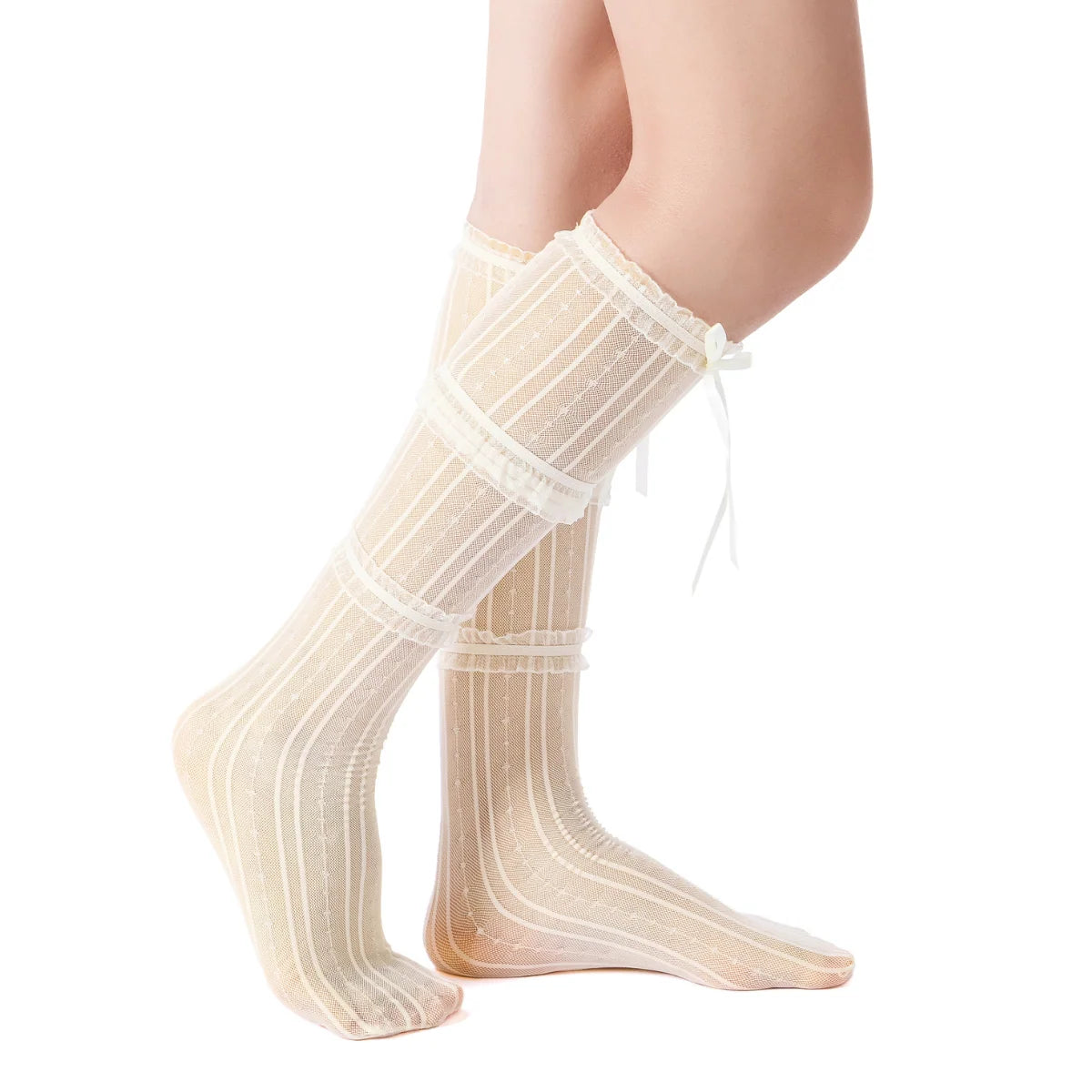 Chloe Layered Lace Knee-High Ribbon Sheer Sock | Beige Secondary image