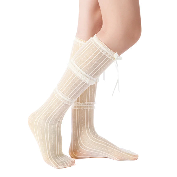 Chloe Layered Lace Knee-High Ribbon Sheer Sock | Beige