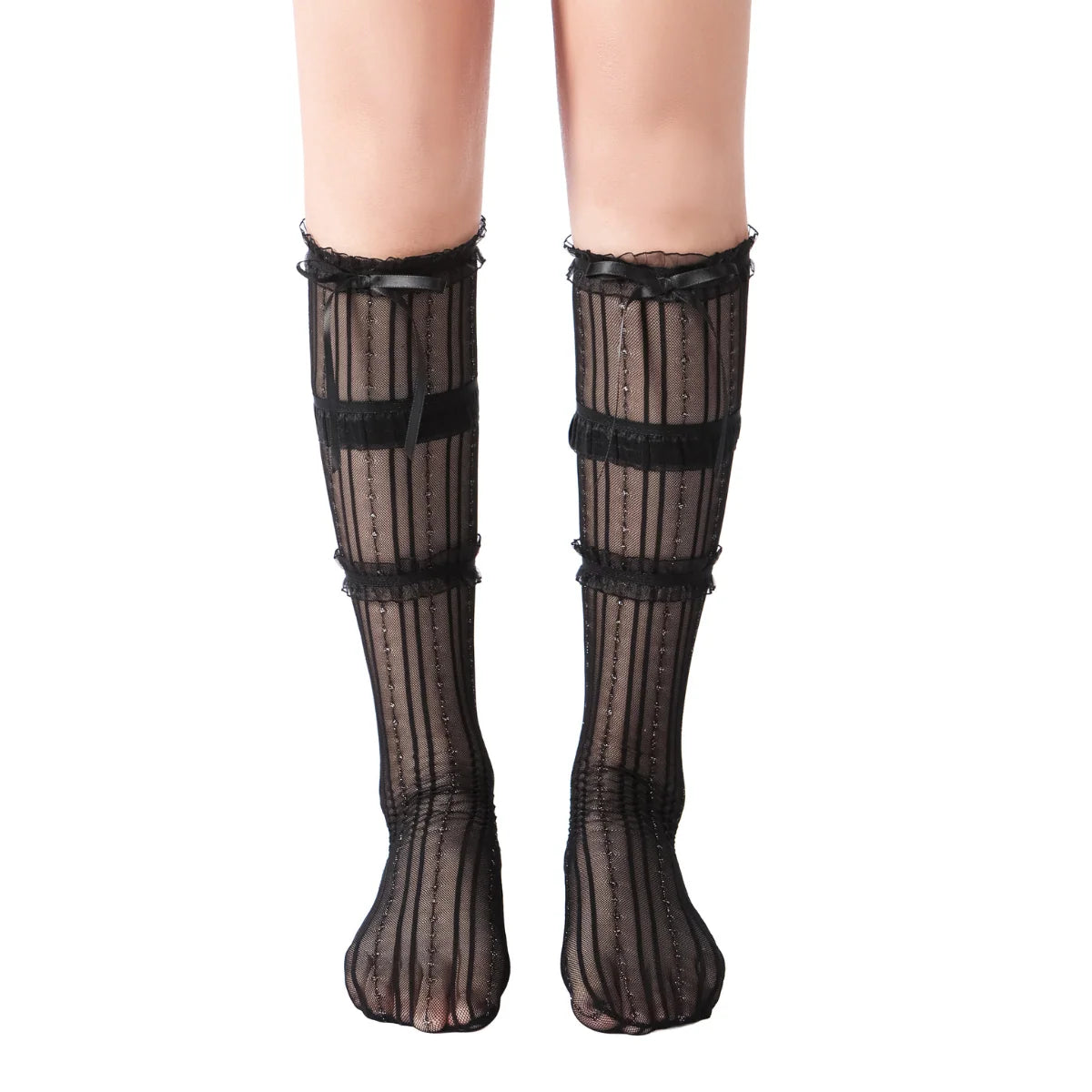 Chloe Layered Lace Knee-High Ribbon Sheer Sock | Black Secondary image