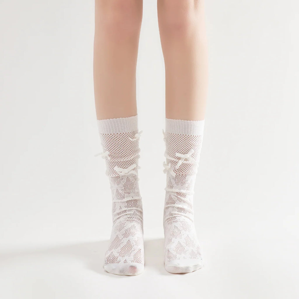 Gabriella 3D Bow Ribbon Applique Lace Crew Sock | White