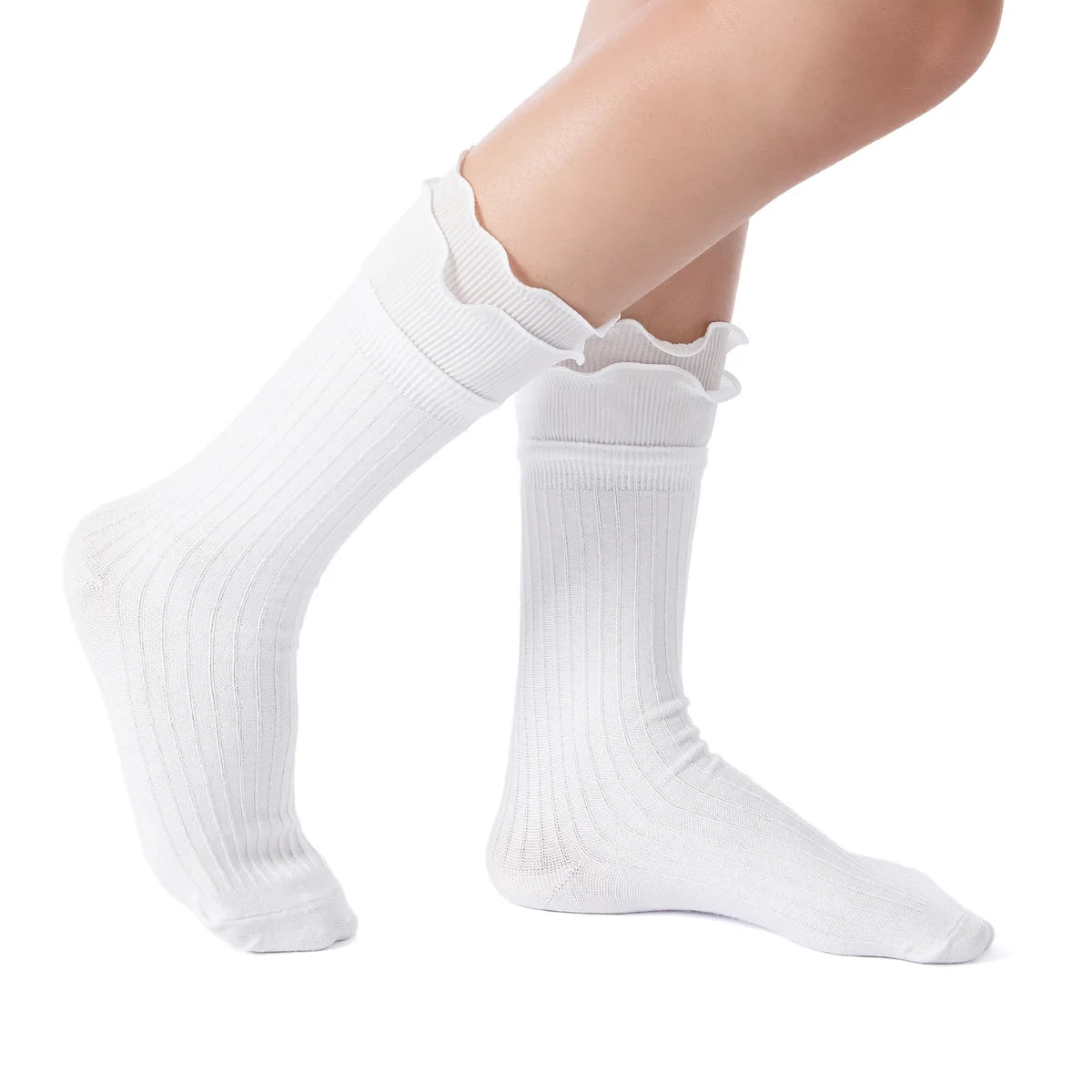 Sophia Layered Lettuce Edge Crew Sock| White Secondary image