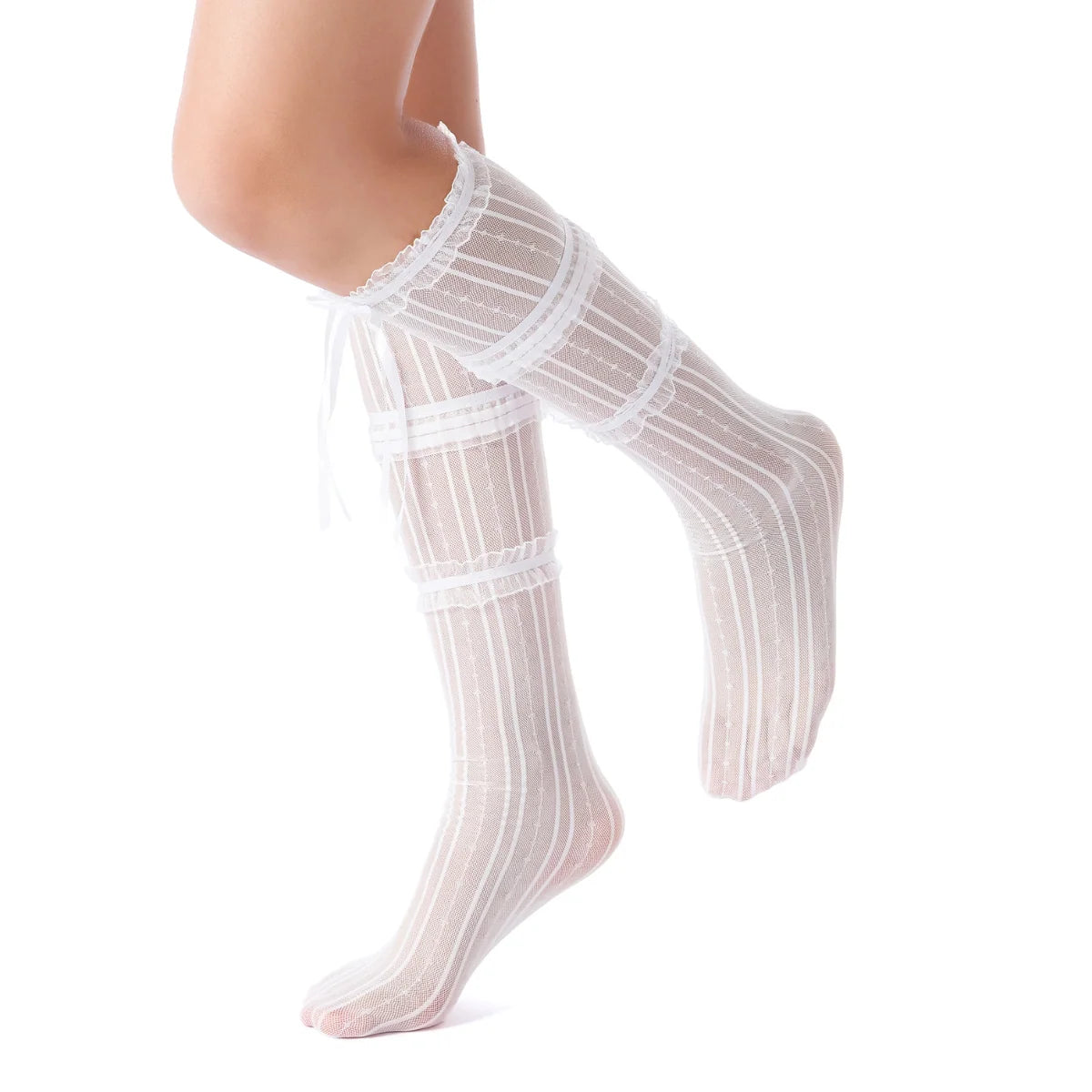 Chloe Layered Lace Knee-High Ribbon Sheer Sock | White Main image
